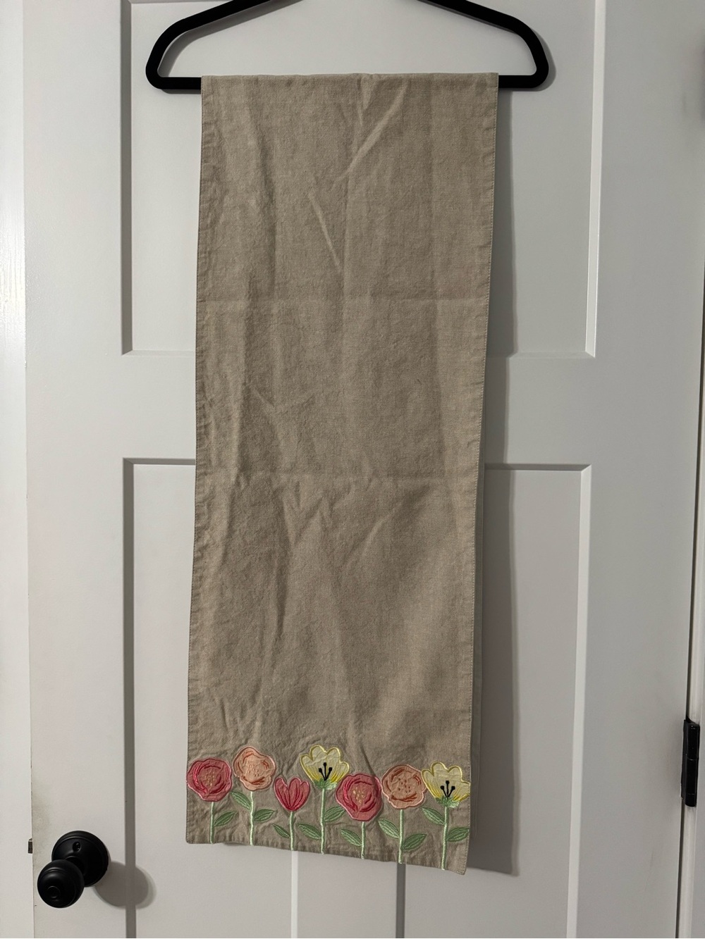 Floral Embroidered Linen Table Runner Beige Tan Applique Boho Cottagecore